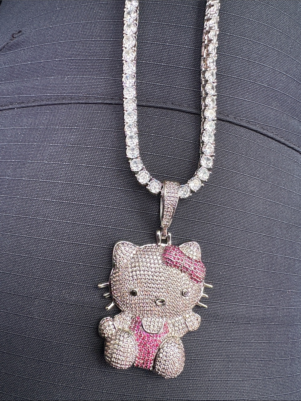 Hello Kitty Silver Tone Pave Crystal Pendant Necklace with Pink Accents